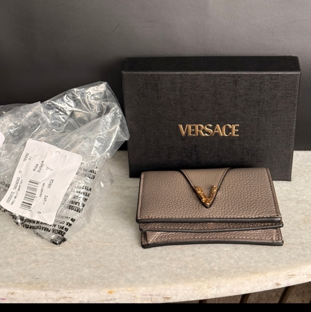 Versace Taupe Leather Wallet with Gold Accent